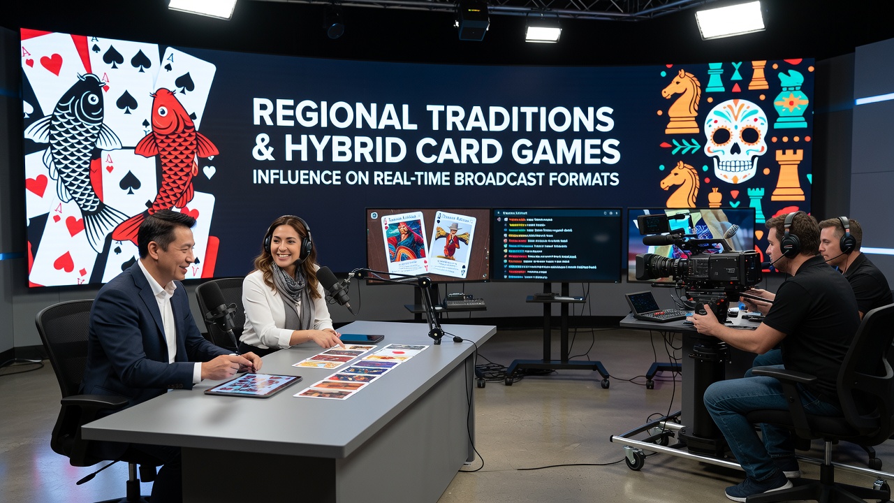 Close-up of hybrid card game table in a real-time broadcast studio with cultural markers and multiple camera angles